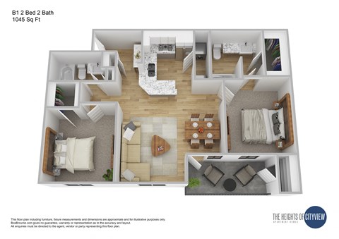 a stylized 3d floor plan with a bedroom and living room